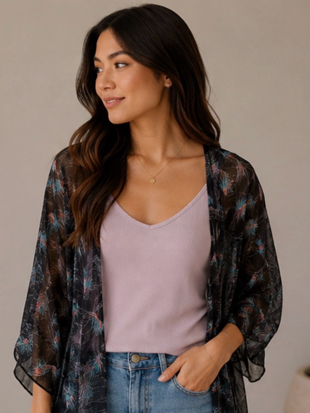 living doll Black Sheer Kimono with Teal & Pink Print